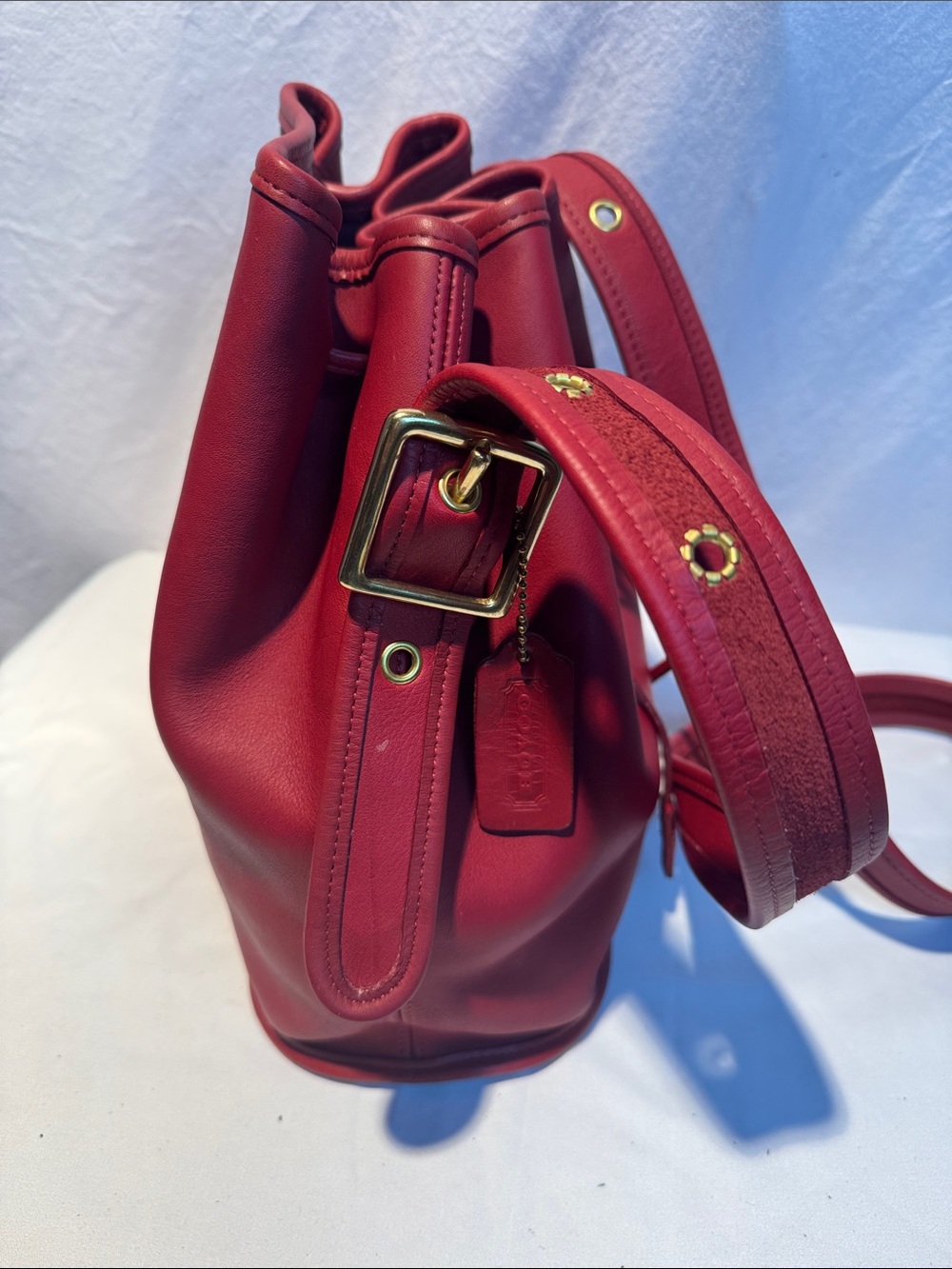 Coach Vintage Red Leather Drawstring Crossbody Bucket Bag 9952 - Picture 7 of 16